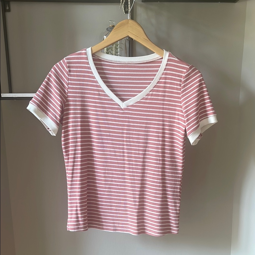 Striped Pink and White V-Neck Women's Top